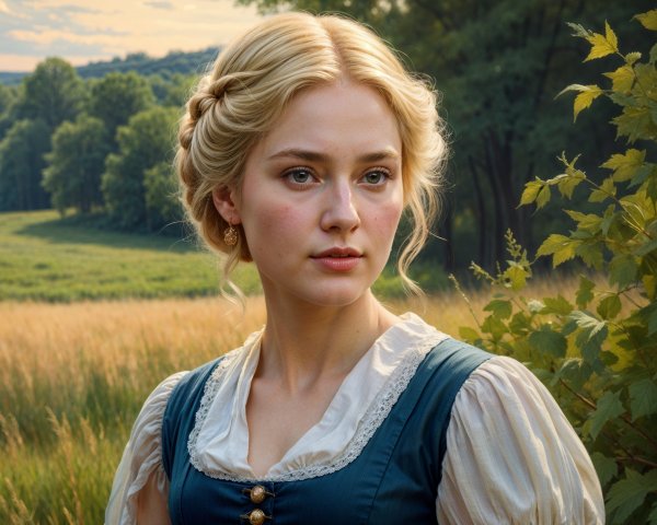 Young woman in golden meadow with blue dress