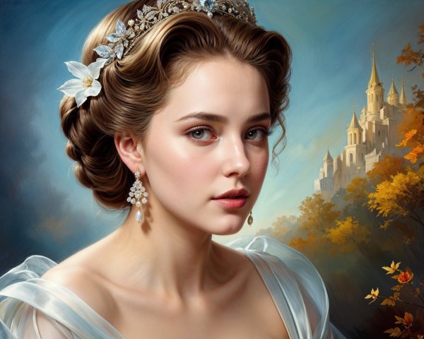 Young Woman in Elegant Gown with Mystical Castle Background