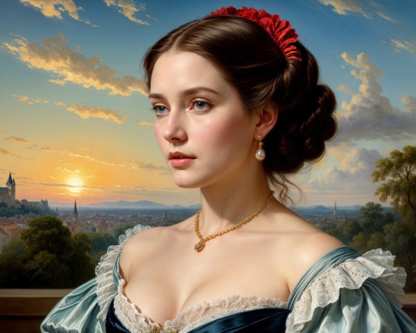 Young Woman in Elegant Dark Gown with Sunset Background