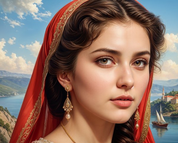 Young woman in red headscarf with serene landscape