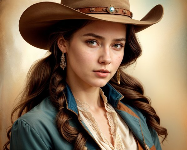 Young Woman in Vintage Western Outfit with Hat