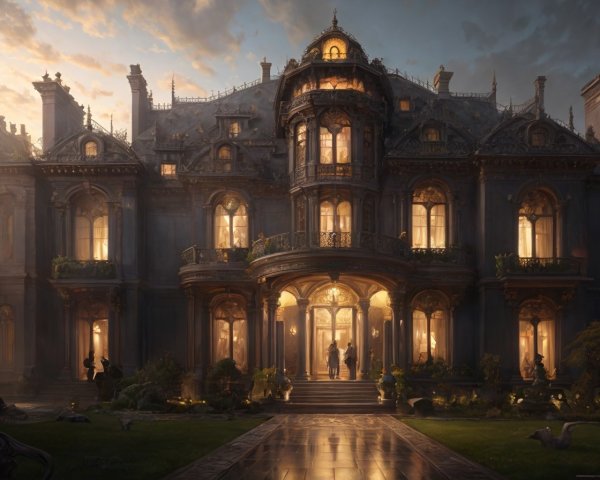 Opulent mansion illuminated by golden dusk light