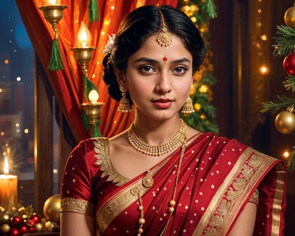 Young Woman in Red Saree with Festive Background
