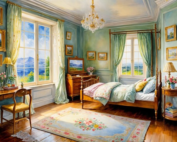 Serene Bedroom with Pastel Colors and Elegant Decor