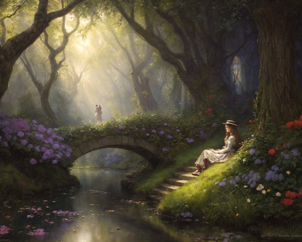 Woman sitting on stone bridge in serene forest scene with blooming flowers
