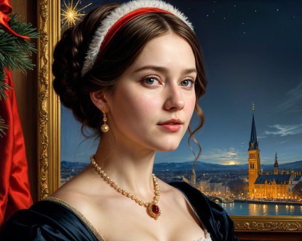 Young Woman in Elegant Dress Amidst Christmas Scene