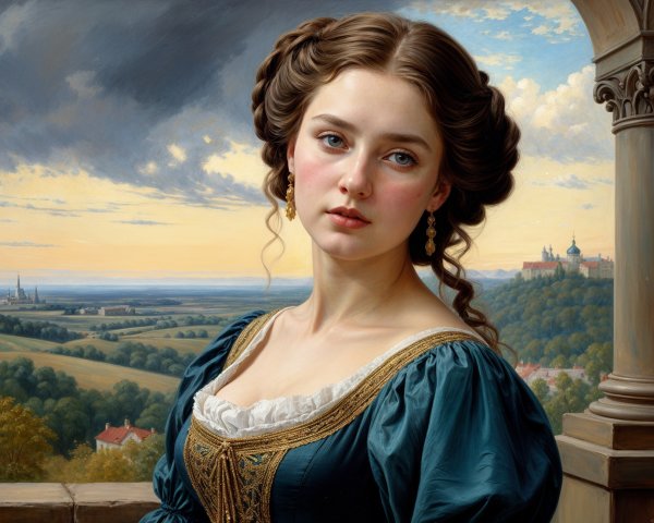 Young woman in teal gown on balcony with arches