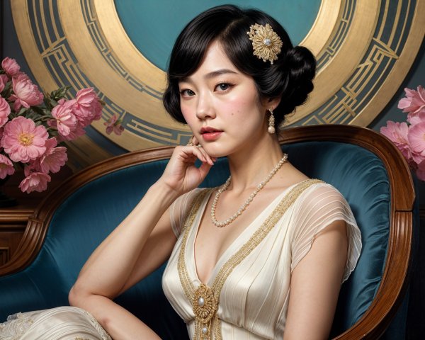 Woman in Vintage Attire with Floral Accents and Gold Backdrop