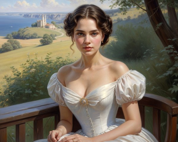 Young woman in white gown in serene landscape setting