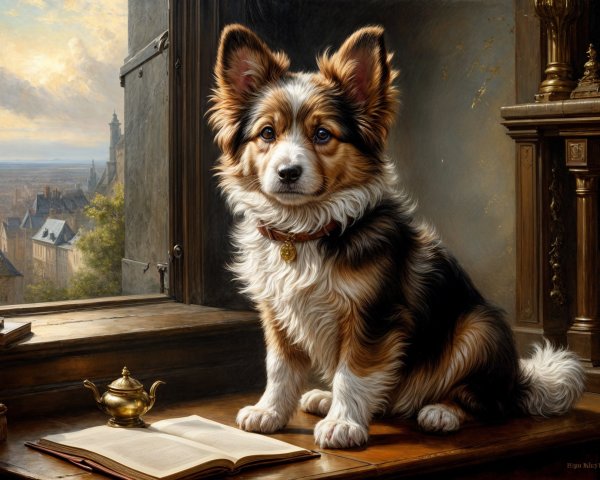 Corgi on Windowsill with Book and Scenic View