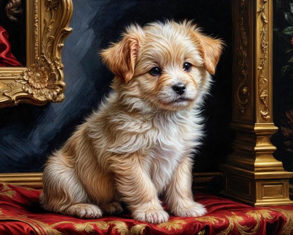 Fluffy golden puppy on a velvet surface with decor