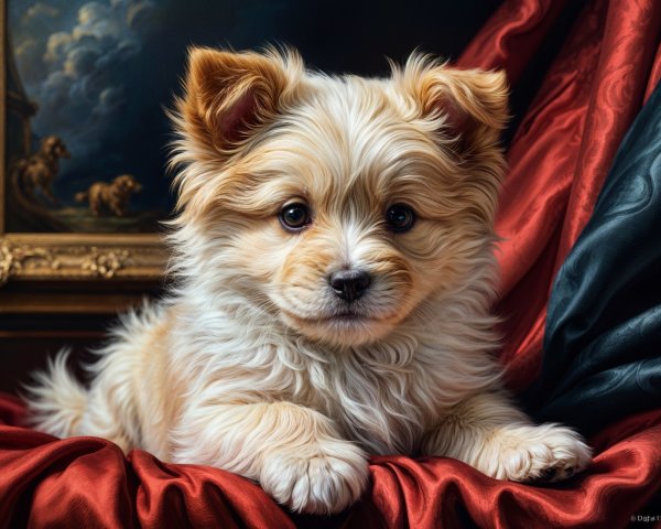 Fluffy puppy on red velvet with ornate gold frame
