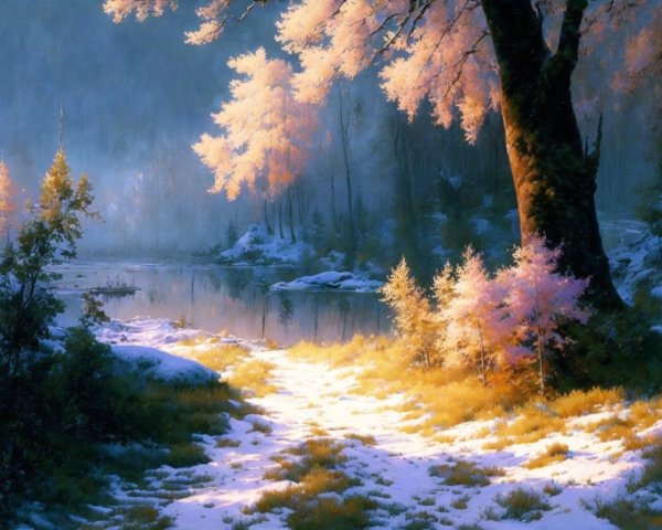 Tranquil winter landscape: snow-covered trees by river at twilight