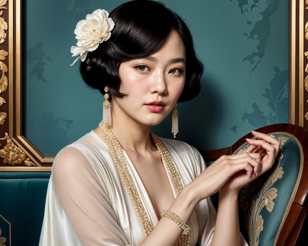 Elegant Woman in Vintage Style Against Opulent Backdrop