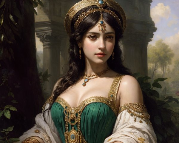 Portrait of woman in green and gold dress with ornate jewelry in misty forest.