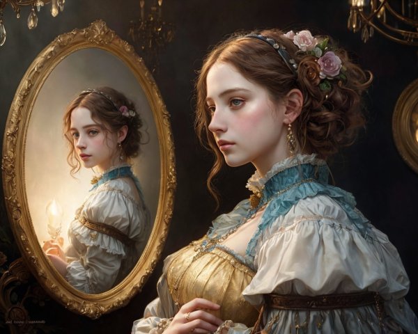 Young Woman in Vintage Dress with Candle Reflection