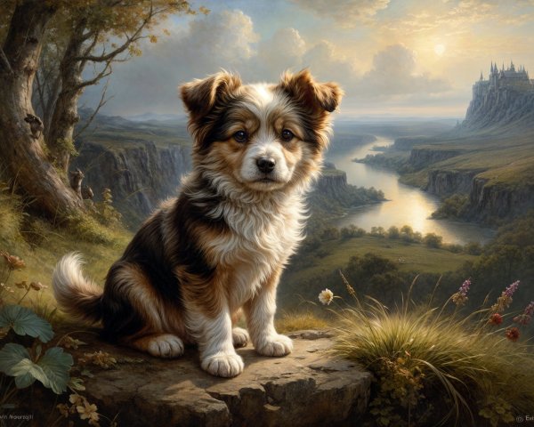 Fluffy Puppy on Rocky Ledge in Serene Landscape