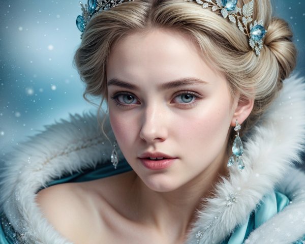 Young woman in blue gown with fur shawl and tiara