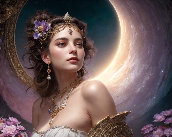 Woman adorned with jeweled headdress surrounded by celestial bodies and flowers.