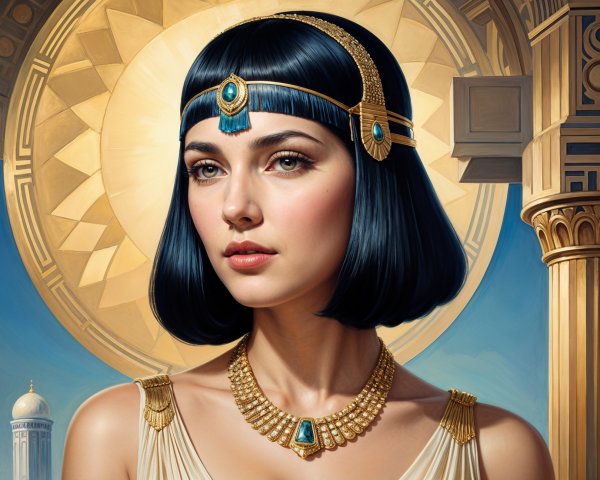 Ancient queen with blue headdress and golden jewelry
