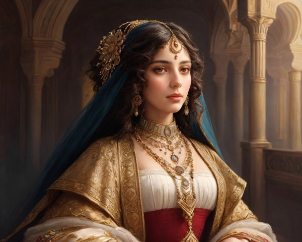 Regal Woman in Traditional Attire with Gold Jewelry