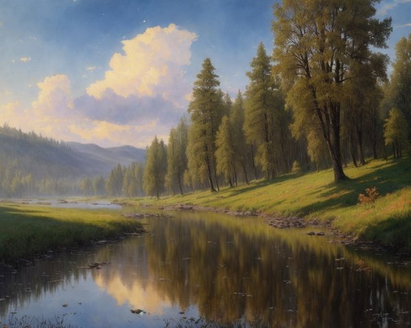 Tranquil sunset river landscape with green trees and cloudy sky