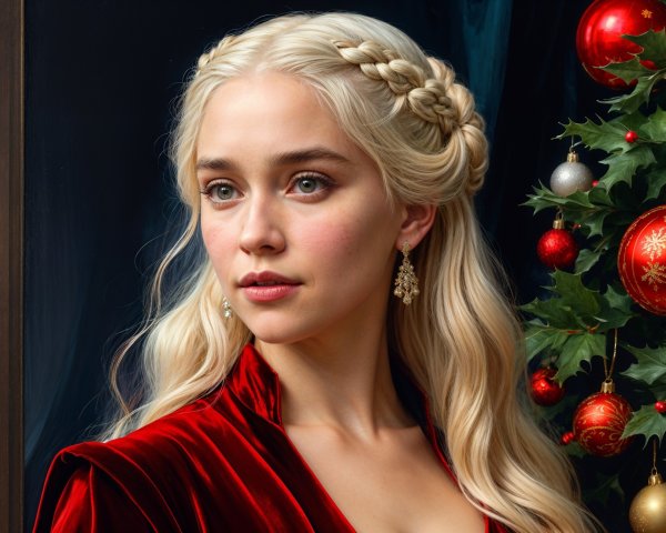 Young Woman in Red Velvet Dress by Christmas Tree