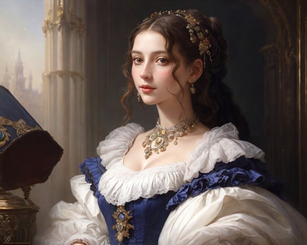 Portrait of a Woman in Regal Attire with Classical Background