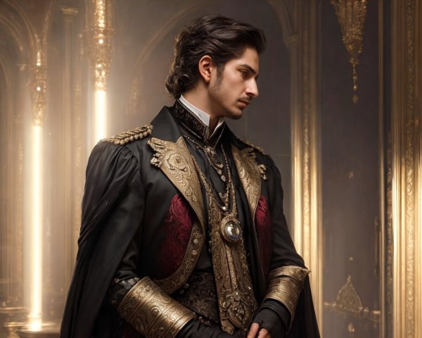 Regal figure in dark cape with gold and red details