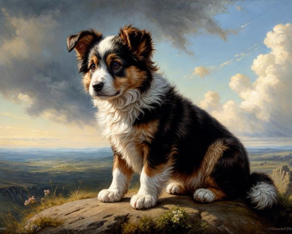 Puppy on Rocky Outcrop with Scenic Landscape Background