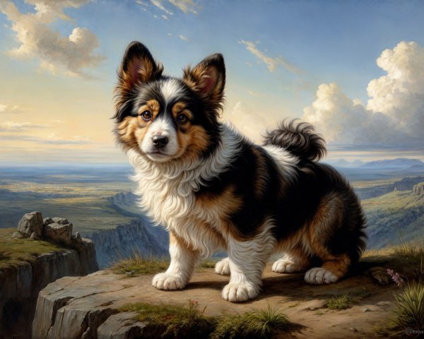 Corgi on Rocky Outcrop with Scenic Landscape Background