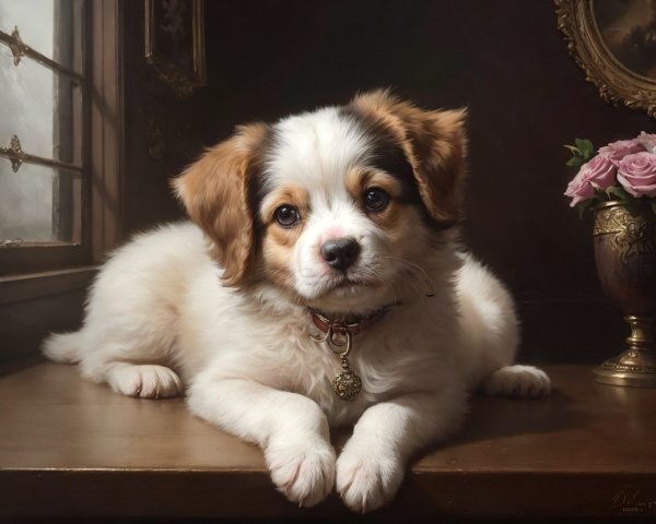 Tricolor puppy with soulful eyes and pink roses in the background