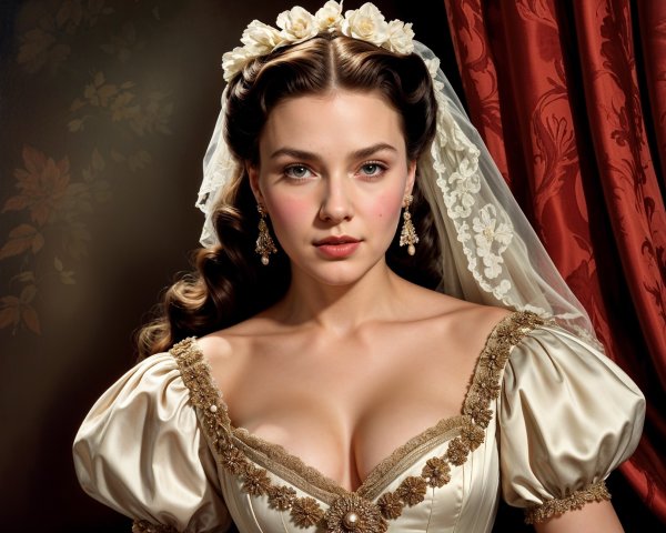 Woman in vintage gown with gold detailing and veil