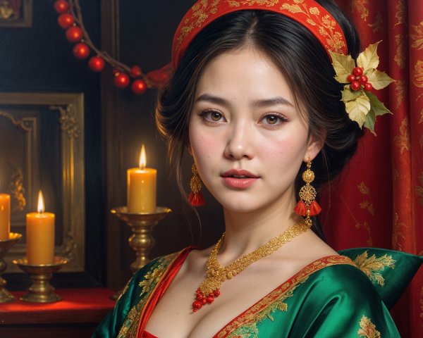 Young woman in green gown with festive headdress