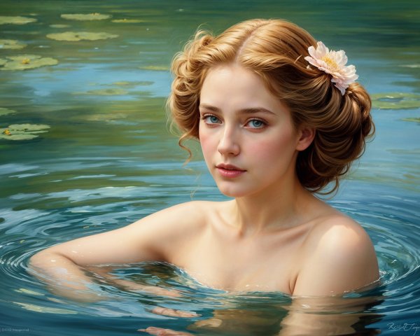 Young Woman with Golden Hair in Tranquil Pond