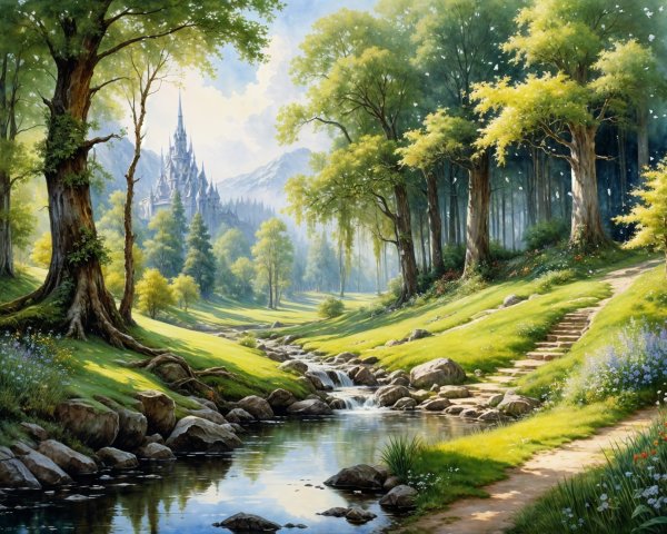 Serene Landscape with Stream, Meadows, and Castle
