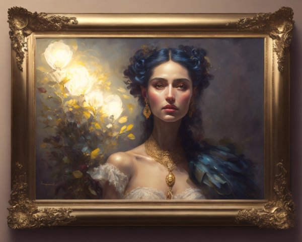 Oil Painting of a Woman with Blue Hair in Gilded Frame