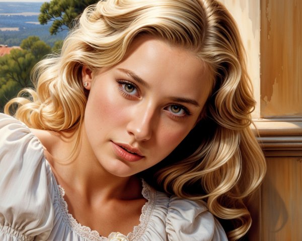 Young Woman with Blonde Hair in Serene Landscape