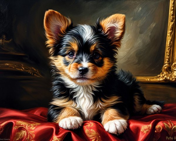 Fluffy Puppy Resting on Rich Red Velvet Fabric