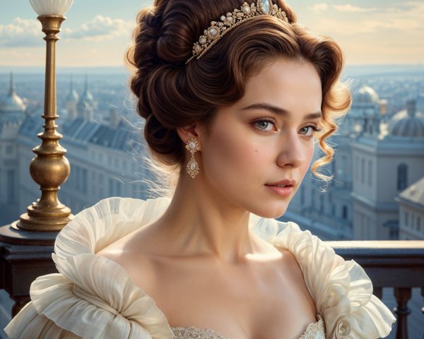 Elegant Woman in Tiara on Balcony Overlooking City
