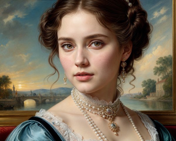 Young woman in blue gown with serene landscape backdrop