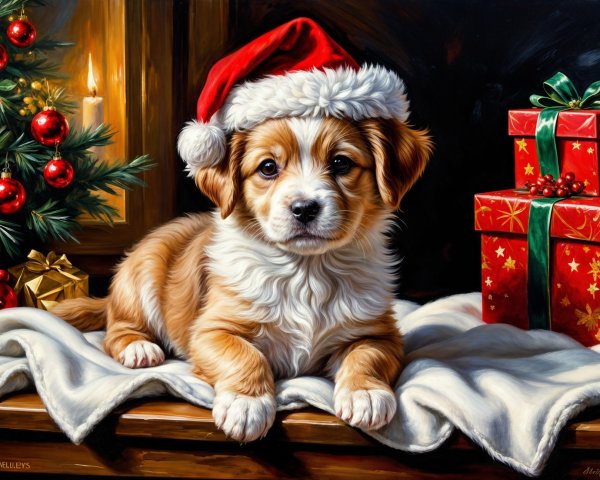 Puppy in Santa Hat Surrounded by Holiday Decor