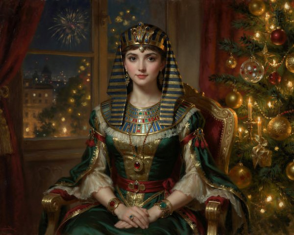 Young Queen in Green Dress with Nighttime City View