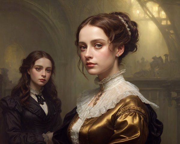 Victorian Women in Detailed Attire and Hairstyles