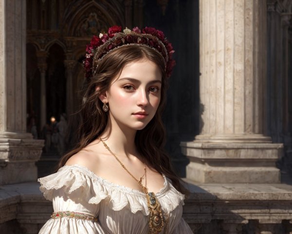 Young woman in historical dress with flower crown and cathedral backdrop