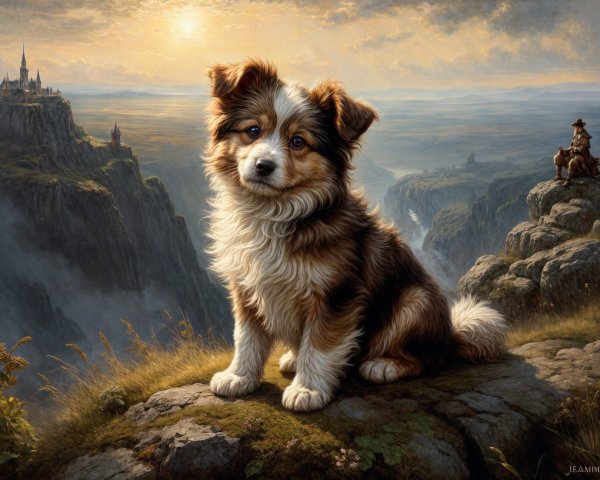 Fluffy Dog on Rocky Ledge Overlooking Scenic Valley