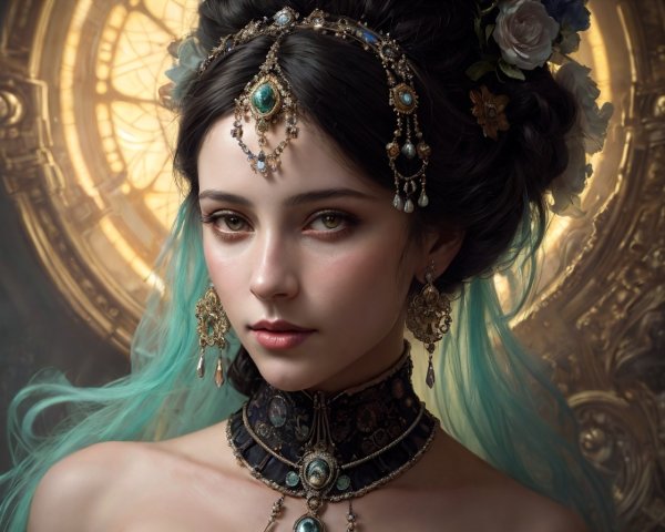 Portrait of a young woman with flowers and jewelry