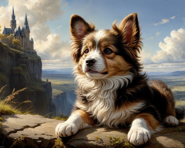 Fluffy Tricolor Dog on Rocky Ledge with Castle View