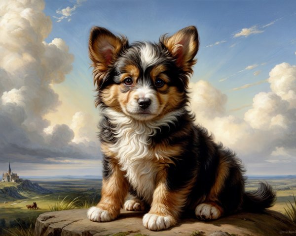 Adorable Tri-Colored Corgi Puppy on Scenic Rock