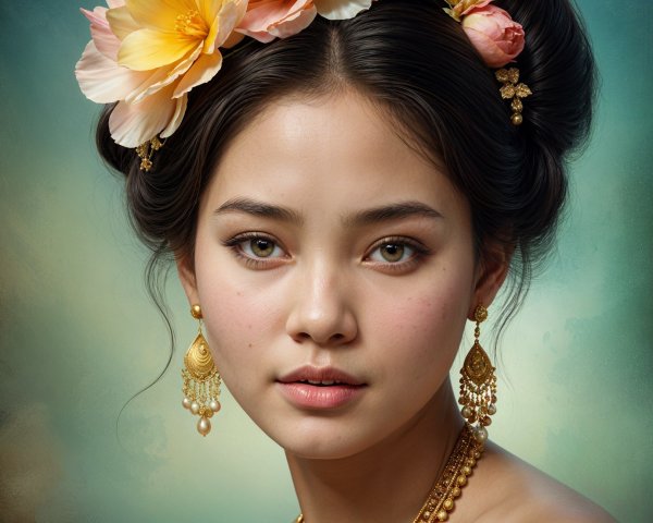 Young Woman with Green Eyes and Floral Accessories